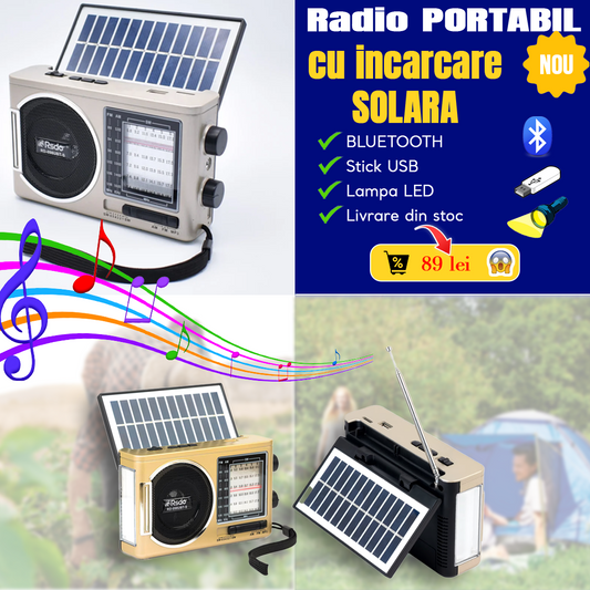 Radio Portabil Cu Panou Solar stik bluetooth AM/FM/SW1-6/ Lampa Led